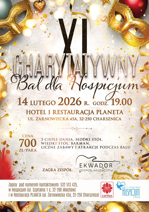Plakat promocyjny Hospicjum w Miechowie z zaproszeniem na XI Charytatywny Bal dla Hospicjum, który odbędzie się 14 lutego 2026 roku o godzinie 19.00 w salach Hotelu i Restauracji Planeta w Charsznicy